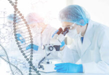 Scientist examining samples under a microscope in a laboratory