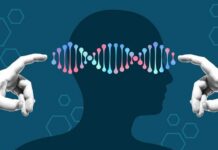 Illustration of a human head with DNA strands and hands reaching towards it
