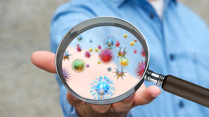 A person holding a magnifying glass showing colorful microorganisms