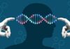 Illustration of a human head with DNA strands and hands reaching towards it