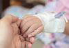 A childs hand with an IV drip being held by an adult hand