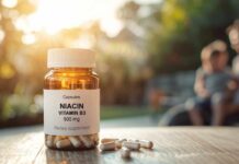 Can Vitamins Really Fight Inflammation? Bottle of niacin capsules on a wooden surface with a blurred background