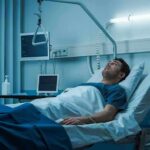 Man lying in a hospital bed with monitors and IV equipment