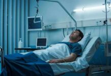 Man lying in a hospital bed with monitors and IV equipment