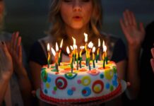 Person blowing out candles on colorful birthday cake