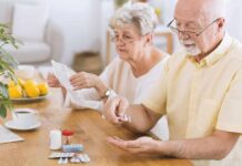 Sex and Gender Differences in Diabetes Risk Older man taking pills at a table while woman reads instructions