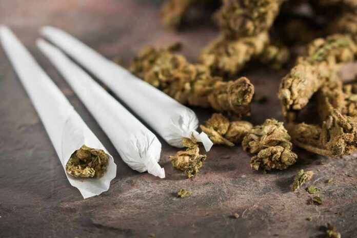 Three cannabis joints beside loose marijuana buds