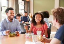 Students eating lunch together at a cafeteria table