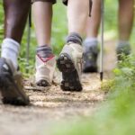 Hikers' feet walking on a forest trail