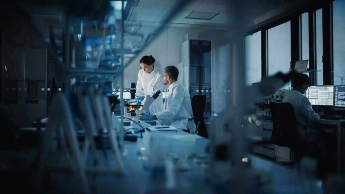 Scientists working in a modern laboratory