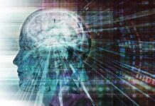 Abstract human head with illuminated brain and digital light streaks