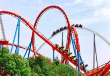 Colorful roller coaster with riders on a sunny day