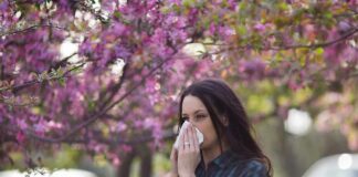 Woman sneezing into tissue under blooming pink trees