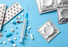 Hormone Therapy Myth – Heart Risk Rises Contraceptives and medications on blue background