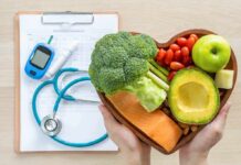 DNA Clock Slows With These Foods Heart-shaped bowl of healthy foods with medical tools
