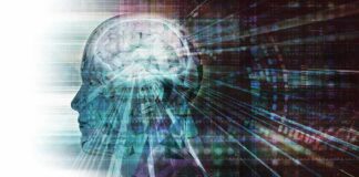 Abstract human head with illuminated brain and digital light streaks