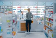 Yvonne Li assisting a customer at a pharmacy counter