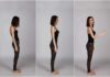 Woman in side profile demonstrating posture changes and giving a thumbs-up
