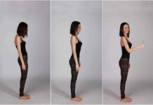 Woman in side profile demonstrating posture changes and giving a thumbs-up
