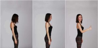 Woman in side profile demonstrating posture changes and giving a thumbs-up